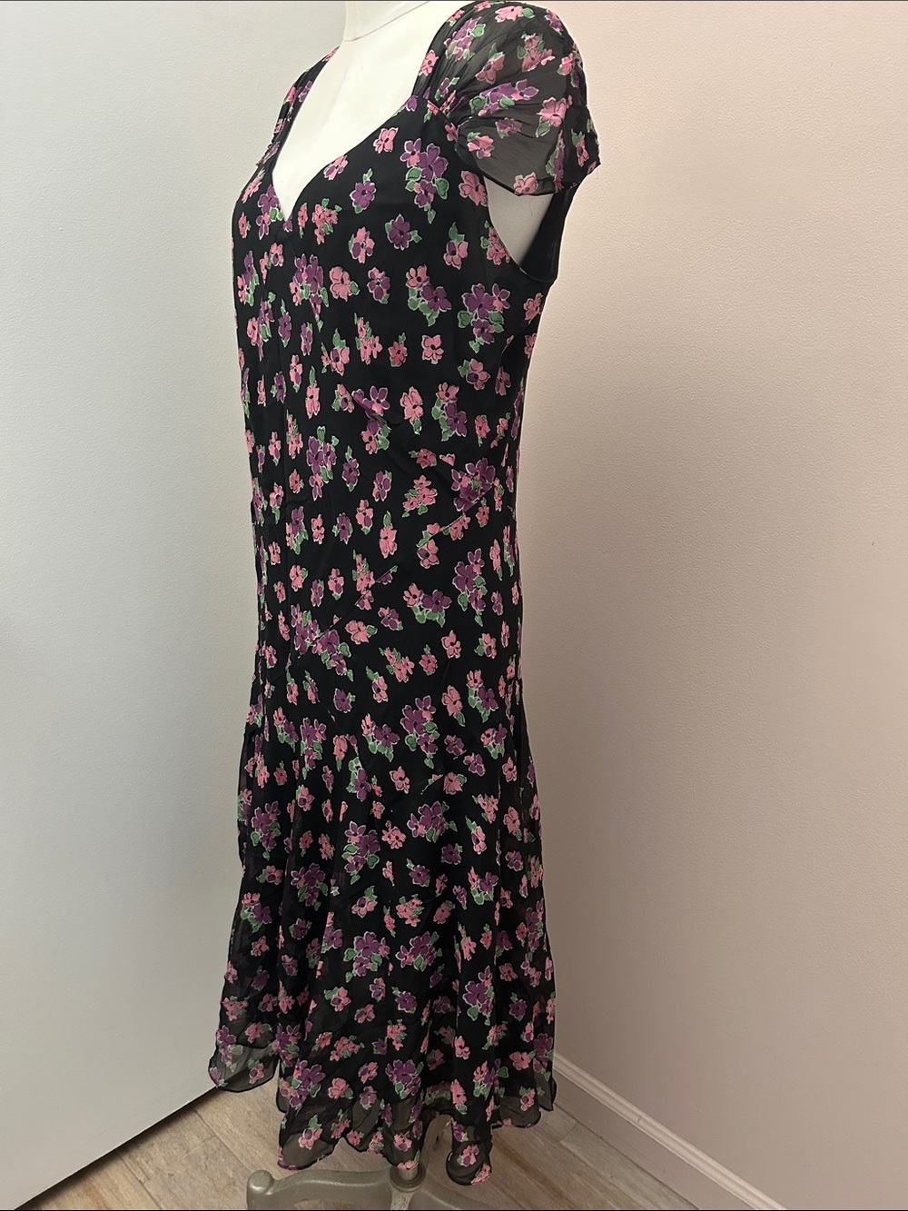 VTG Silk Chiffon Midi Dress with Pink & Green Floral Print bias-cut 16W - Picture 9 of 16